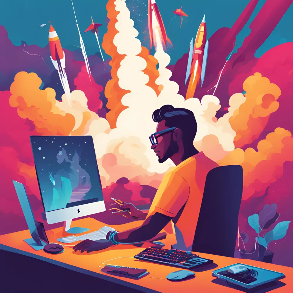 guy on computer with rocket launch in background